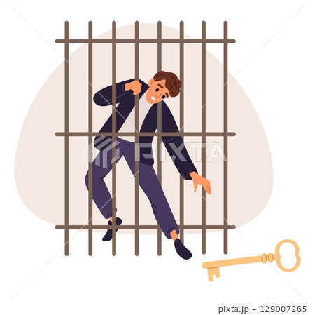 Caged businessman reaches for key to lattice bars. Man searching way out difficult situation. Trapped guy in cell finding ways for solving problems. Bankruptcy jail. Vector concept Caged businessman reaches for key to lattice bars. Man searching way out difficult situation. Trapped guy in cell finding ways for solving problems. Bankruptcy jail. Vector concept 129007265