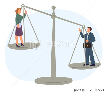 Man and woman on scales. Social inequality between sexes. Opportunities comparison. Male and female unequal payment. Rights discrimination. Gender differences comparing. Vector concept Man and woman on scales. Social inequality between sexes. Opportunities comparison. Male and female unequal payment. Rights discrimination. Gender differences comparing. Vector concept 129007271