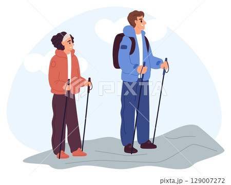 Man and woman traveling with backpacks and trekking poles through mountains. Hiking tourism. Adventure journey. Couple walking in nature. Rock climbing. Hikers vacation. Vector concept 129007272