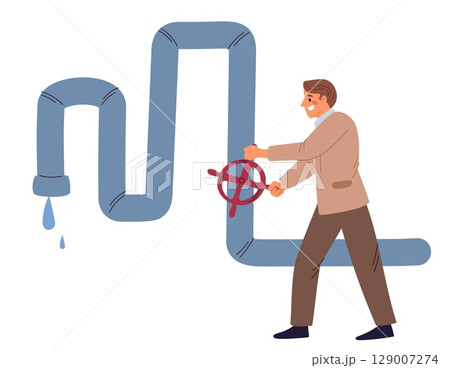 Man in suit closes faucet to shut off flow of water. Aqua conservation. Dripping liquid. Plumbing pipe with droplets. Person turning valve for close. Leaking pipeline. Vector concept Man in suit closes faucet to shut off flow of water. Aqua conservation. Dripping liquid. Plumbing pipe with droplets. Person turning valve for close. Leaking pipeline. Vector concept 129007274