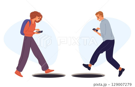 Smartphone addiction. Young woman and guy looks at phone and falls down open trapdoor. Addicted people falling into manhole. Walking with mobile devices. Unseen obstacle. Vector concept Smartphone addiction. Young woman and guy looks at phone and falls down open trapdoor. Addicted people falling into manhole. Walking with mobile devices. Unseen obstacle. Vector concept 129007279