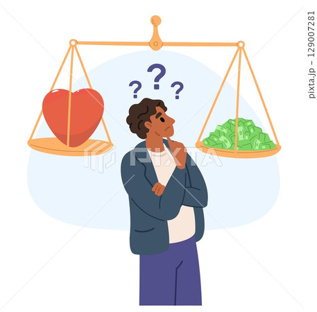 Thoughtful man and scales with heart and money. Finance and love balance. Man makes choice between relationship and career. Alternative solutions. Cash or romance choosing. Vector concept 129007281