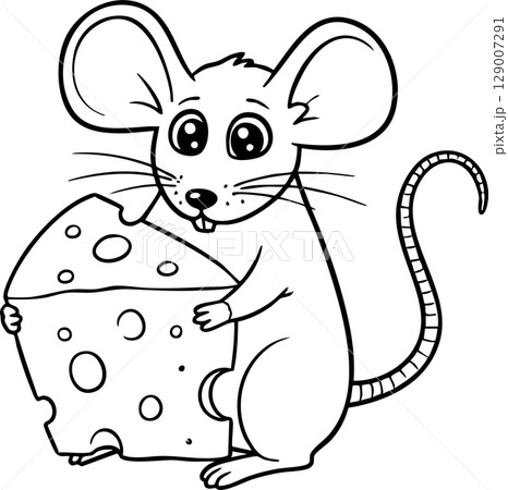 Happy Cartoon Mouse with Big Cheese Drawing 129007291