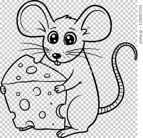 Happy Cartoon Mouse with Big Cheese Drawing 129007291