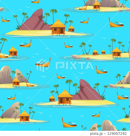 Tropical island with rocks and palm trees. Summer vacation seamless pattern. Sea boats. Repeated print. Seashore bungalows. Summertime travel. Seaside nature landscape. Vector background 129007292