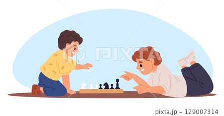 Two little boy friends playing chess with each other. Children sitting on floor at chessboard. Intellectual hobby. Strategy board game. Player thinking about chessmate. Vector concept 129007314