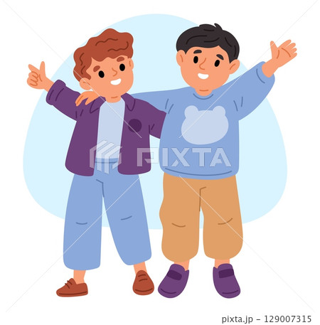 Two smiling cute boy friends hugging each other. Little people friendship. Happy kids embrace. Cheerful classmates. Children standing together for cuddle. Childhood fun. Vector concept 129007315