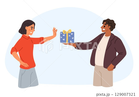 Woman gestures with her hand to refuse offered gift from man. Stop expression. Couple disagreement. Denial present. Guy giving holiday surprise box. Stop expression. Vector concept 129007321