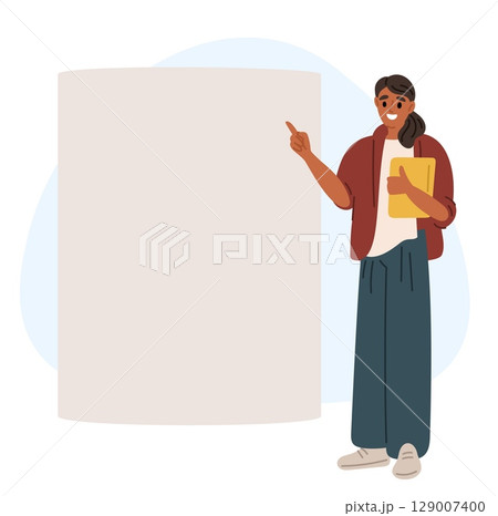 Woman points her finger at white blank poster. Girl showing at board. Business presentation. Teacher standing at whiteboard. Female presenting information at banner. Vector background 129007400