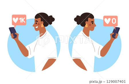 Woman sad with no reaction to her social media post and rejoices at number of likes. Content popularity. Influencer with smartphone. Followers society. Blogger promotion. Vector concept 129007401