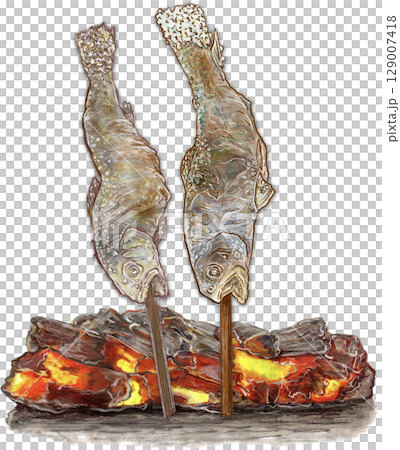 岩魚の塩焼き_2匹_イワナの炭火焼き2本_岩魚の塩焼きのイラスト_イワナのイラスト 129007418
