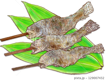 三匹並んだ岩魚の塩焼き_笹の葉あり_イワナのイラスト 129007432