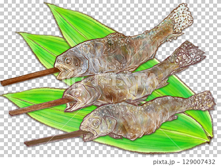 Illustration of three grilled trout lined up with bamboo leaves 129007432