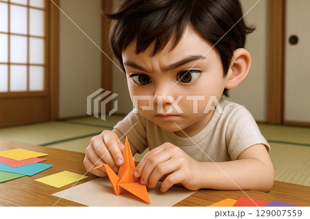 折り紙で鶴を丁寧に折る真剣な表情の男の子の3Dイラスト 129007559