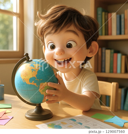 地球儀を手に世界を学ぶ好奇心旺盛な男の子の3Dイラスト 129007560