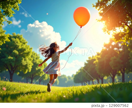 夕日の中で風船を持って草原を駆ける女の子の3Dイラスト 129007562