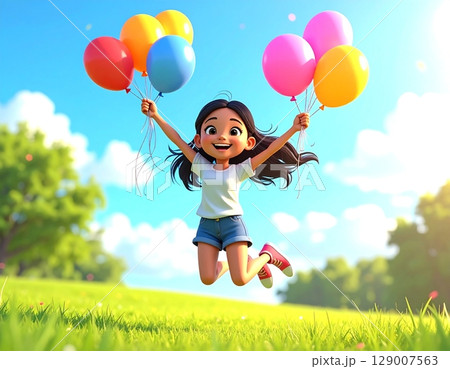 風船を両手に持って芝生の上でジャンプする笑顔の女の子の3Dイラスト 129007563