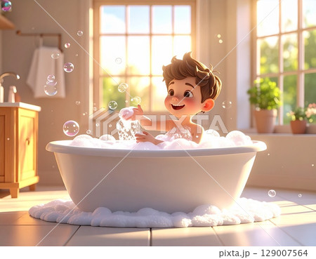 泡風呂で遊ぶ男の子と朝の光に包まれた清潔なバスルームの3Dイラスト 129007564