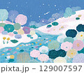 【北欧風】パステルカラーの幻想的な森と川の風景イラスト2 129007597