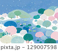 【北欧風】パステルカラーの幻想的な森と川の風景イラスト1 129007598