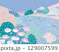 【北欧風】川辺に咲く花と幻想的な夜の風景イラスト（手描き・絵画風） 129007599