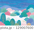 【北欧風】雪が積もる冬の森と夜空の幻想的な風景イラスト 129007600