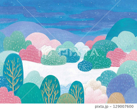 【北欧風】雪が積もる冬の森と夜空の幻想的な風景イラスト 129007600