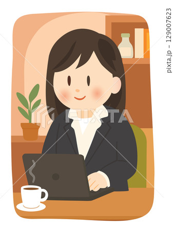 在宅勤務で働く女性のイラスト 129007623