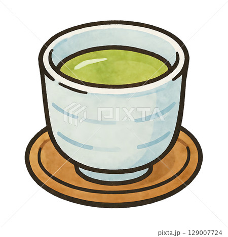 茶托にのった和風湯のみの手描き風アイコンイラスト 茶托にのった和風湯のみの手描き風アイコンイラスト 129007724