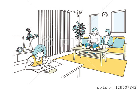 リビングで勉強する女の子とソファで寛ぐ夫婦のイラスト 129007842