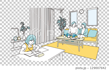 Illustration of a girl studying in the living room and a couple relaxing on the sofa 129007842