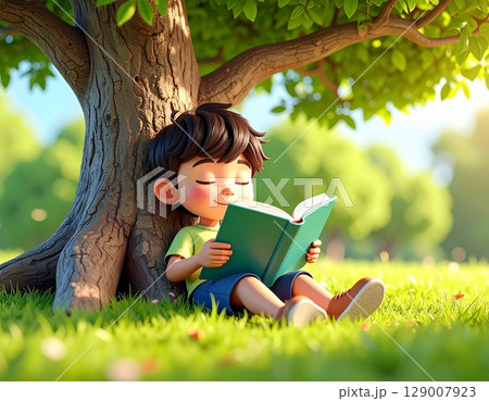 木陰で本を読みながらうたた寝する男の子のイラスト 木陰で本を読みながらうたた寝する男の子のイラスト 129007923
