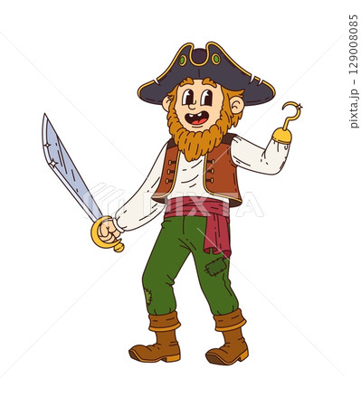 Cartoon groovy pirate or corsair character with hook hand and sword, vector personage. Funny groovy pirate captain or boatswain and skipper man with red beard in tricorne cocked hat with saber 129008085