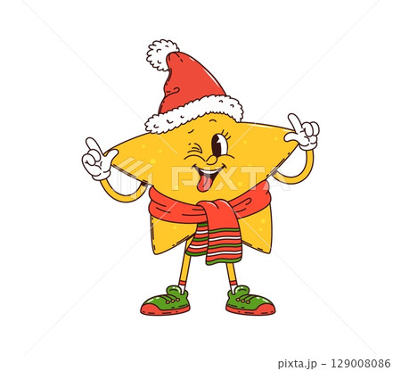Christmas star decoration groovy cute character. Merry Xmas holiday element 60s 70s cartoon cheerful character. Happy New Year star toy decoration groovy isolated vector funny mascot wearing Santa hat 129008086