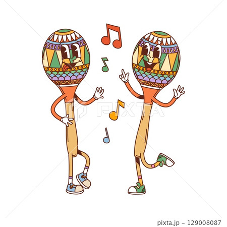Cartoon groovy sound maracas musical instrument characters with notes. Vector Mexican percussion rattle personages dancing at Fiesta or Cinco de Mayo Latin party celebration exuding retro funky vibes 129008087
