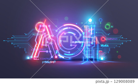AGI logo. Artificial general intelligence. Abstract technology conceptual background with AGI letters. AGI text consist at pcb, electronic signals, text of code programs, computer languages. 129008089
