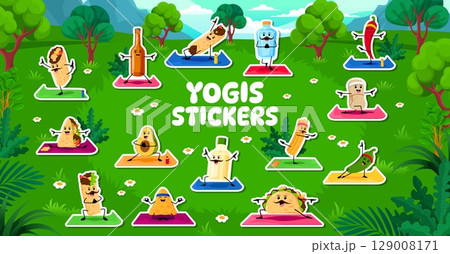 Cartoon mexican cuisine characters on yoga fitness sport, stickers pack. Mexican burrito, guindilla, churro and enchilada, nacho chip, pulque, quesadilla and tamale characters on yoga vector stickers Cartoon mexican cuisine characters on yoga fitness sport, stickers pack. Mexican burrito, guindilla, churro and enchilada, nacho chip, pulque, quesadilla and tamale characters on yoga vector stickers 129008171