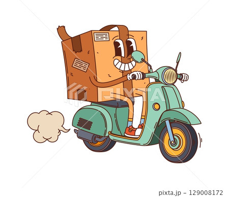 Cartoon groovy delivery cardboard box package character riding a scooter. Vector funny parcel driving a moped. Smiling pack retro personage shipping cargo to customer with speed mail or post service 129008172
