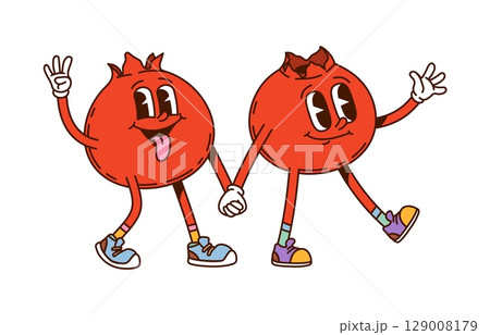 Cartoon groovy hippie cranberry berry characters with funny faces, vector friends. Groovy cranberry or lingonberry berries holding by hands with tongue out and smile for retro cartoon fruit characters 129008179
