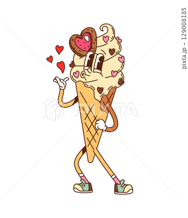 Cartoon groovy ice cream cone Valentine character sending air kiss with hearts around. Playful vector funky summer dessert personage exudes love and affection, happiness, fun and enjoyment 129008185