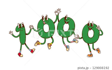 Groovy numbers and cartoon math characters with funny faces, vector mathematics emoji. Groovy number thousand of 1 One with 0 Zero numerals, happy smiling and jumping together with tongues out 129008192