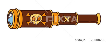 Cartoon groovy pirate spyglass, vintage nautical telescope, corsair object. Isolated vector naval navigation instrument for looking on distance. Captain or sailor optical tool with a skull emblem Cartoon groovy pirate spyglass, vintage nautical telescope, corsair object. Isolated vector naval navigation instrument for looking on distance. Captain or sailor optical tool with a skull emblem 129008200