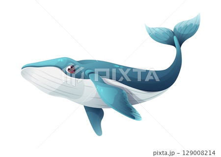 Cartoon blue whale character for sea animal or ocean fish, vector icon. Big blue whale swimming with cute funny face, underwater and undersea happy animals for kids mascot or cartoon character 129008214