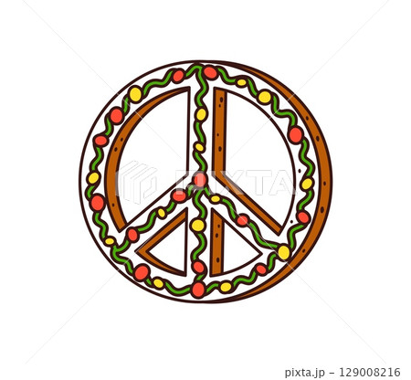 Christmas hippie peace sign cookie groovy dessert. Winter season holidays retro cartoon traditional pastry. Happy New Year sweet isolated vector decoration. Christmas holiday groovy cookie dessert 129008216