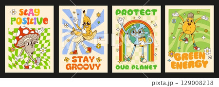 Groovy groovie posters with retro cartoon dancing amanita mushroom, hippie banana, earth with rainbow and cheerful lightbulb characters promoting positivity, sustainability and environmental awareness 129008218