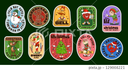 Christmas groovy label stickers with cartoon Xmas holiday characters. Vector retro Santa Claus, Christmas tree and gifts, groovy reindeer, candy, elf and heart. Hippie peace and bell patch stickers 129008221
