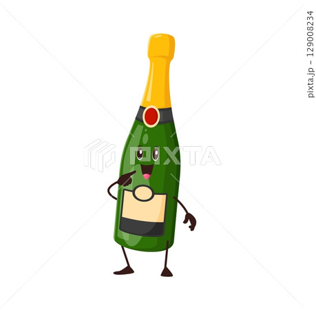 Cartoon sparkling wine drink bottle character. Anniversary celebration drink, restaurant luxury beverage cartoon vector funny character. Sparkling wine bottle funky isolated cheerful personage Cartoon sparkling wine drink bottle character. Anniversary celebration drink, restaurant luxury beverage cartoon vector funny character. Sparkling wine bottle funky isolated cheerful personage 129008234