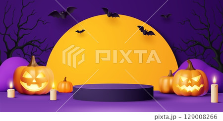 Halloween podium stand with flying bats, pumpkins and dead trees, vector horror holiday. 3d round purple display stand, pedestal and podium with spooky Halloween night pumpkin monsters and candles 129008266