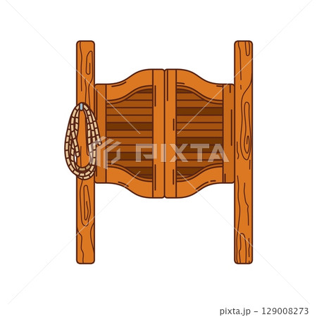 Cartoon groovy saloon doors for Wild West or Western cowboy bar, vector symbol. Saloon doors with rodeo lasso, Texas house and cowboy pub wooden doors in groovy cartoon for Wild West or Western rancho 129008273