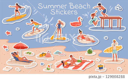 People characters on summer beach vacation stickers pack. Young man and woman cartoon vector personages stickers surfing, paddleboarding, swimming in sea, sunbathing and relaxing on summer vacation People characters on summer beach vacation stickers pack. Young man and woman cartoon vector personages stickers surfing, paddleboarding, swimming in sea, sunbathing and relaxing on summer vacation 129008288
